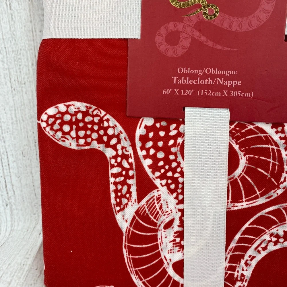 Year of the Snake 2025 Tablecloth Oblong 60x120 Red White Floral Lunar New Year